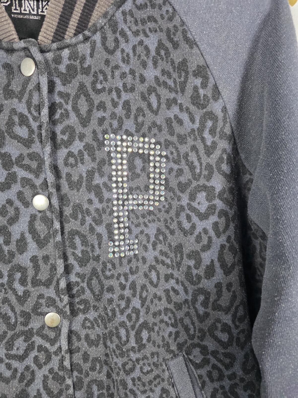 Victorias Secret Pink BLING CHEETAH LEOPARD Logo Varsity Bomber LARGE