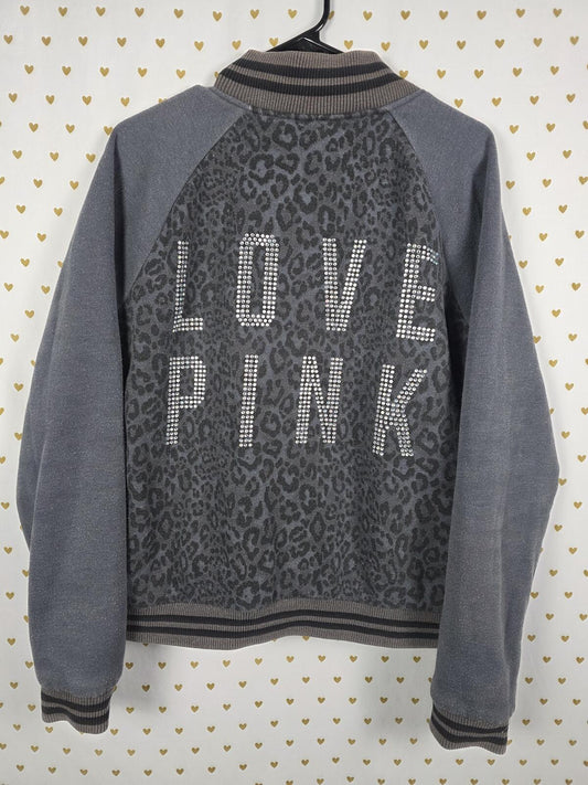 Victorias Secret Pink BLING CHEETAH LEOPARD Logo Varsity Bomber LARGE