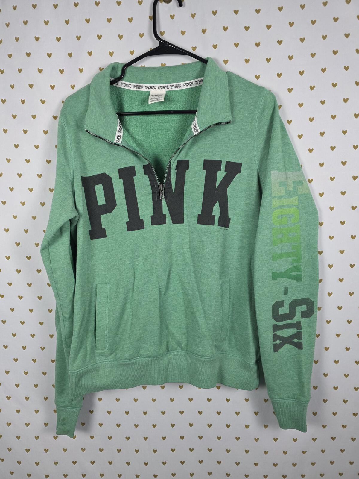 Victorias Secret Pink Green Quarter zip Logo Sweater Shirt MEDIUM