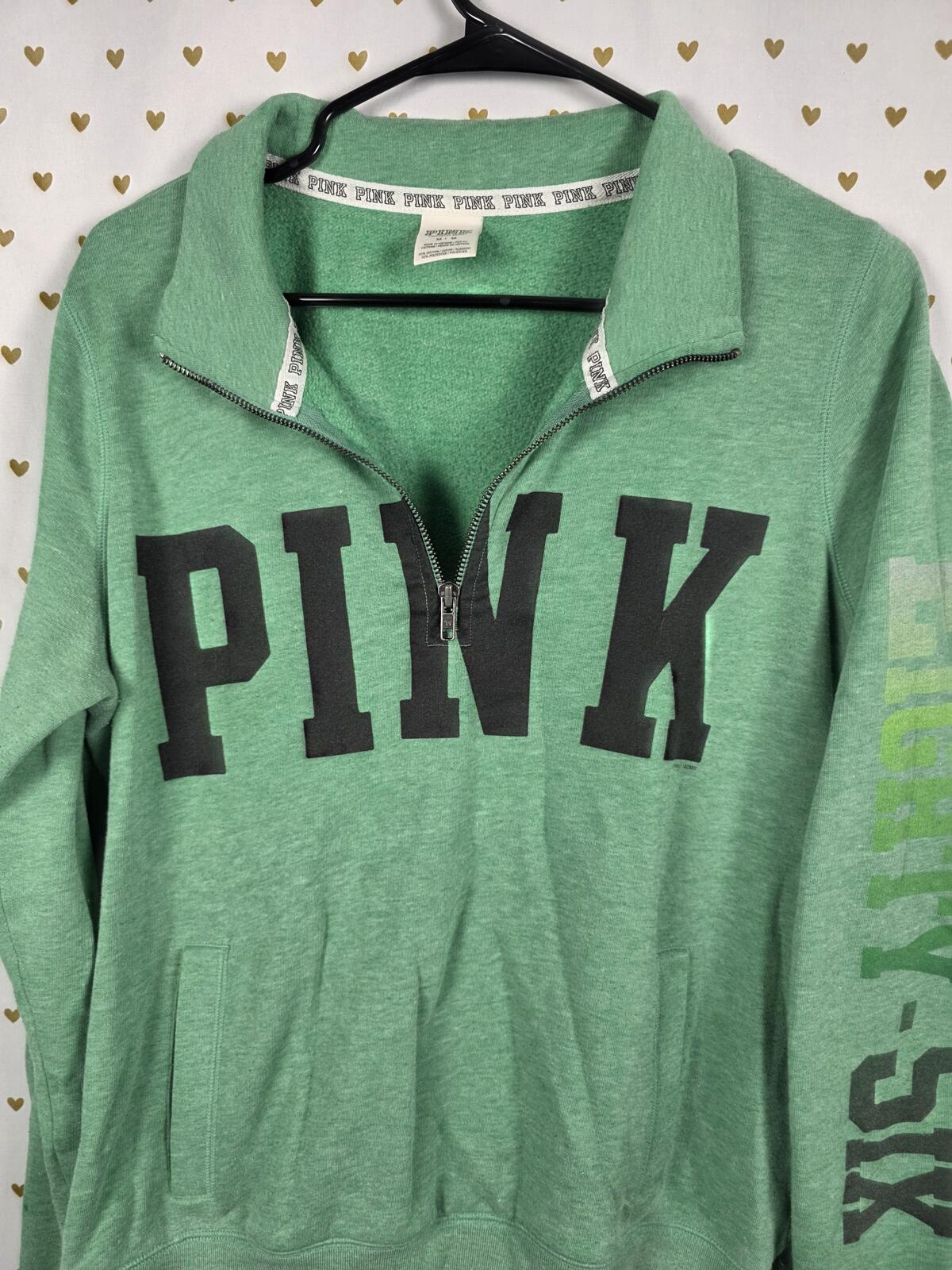 Victorias Secret Pink Green Quarter zip Logo Sweater Shirt MEDIUM