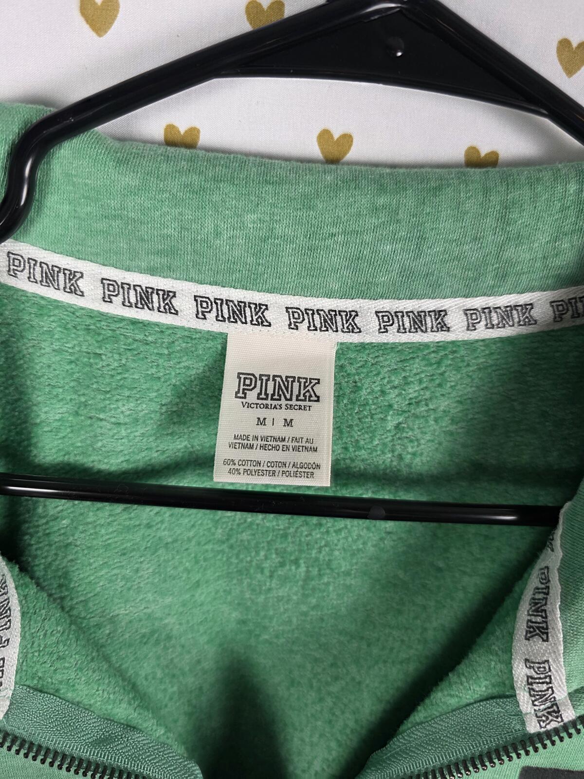 Victorias Secret Pink Green Quarter zip Logo Sweater Shirt MEDIUM