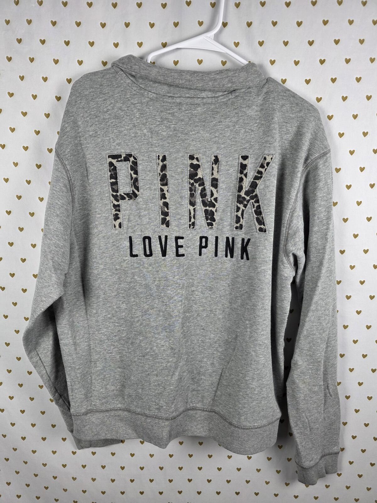 Victorias Secret Pink Embroidered Leopard Cheetah Quarter Zip Sweater Shirt L