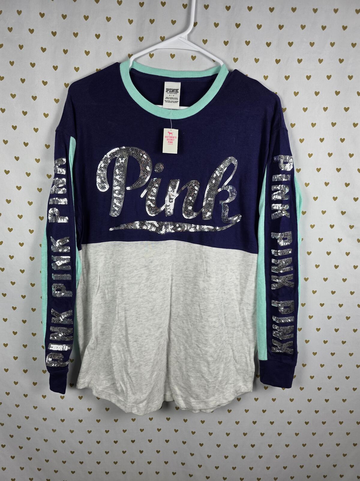 Victorias Secret PINK NEW NWT BLING Vintage Sequined Long Sleeve Tee shirt SMALL