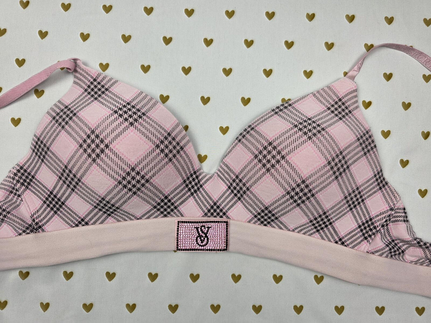Victorias Secret BLING Plaid Wireless T Shirt Lightly Lined Bra Pink 36B