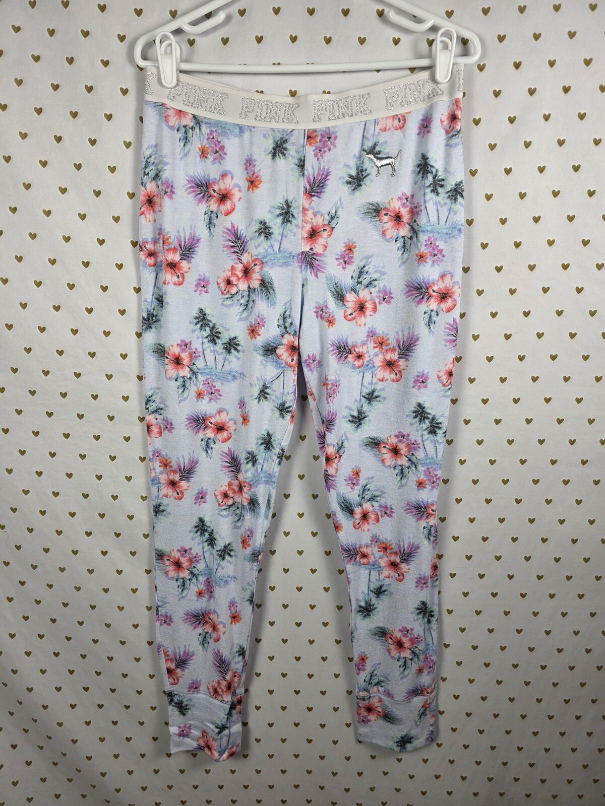 Victorias Secret Large Floral Tapered Sleep Pants Pajama Bottoms Blue