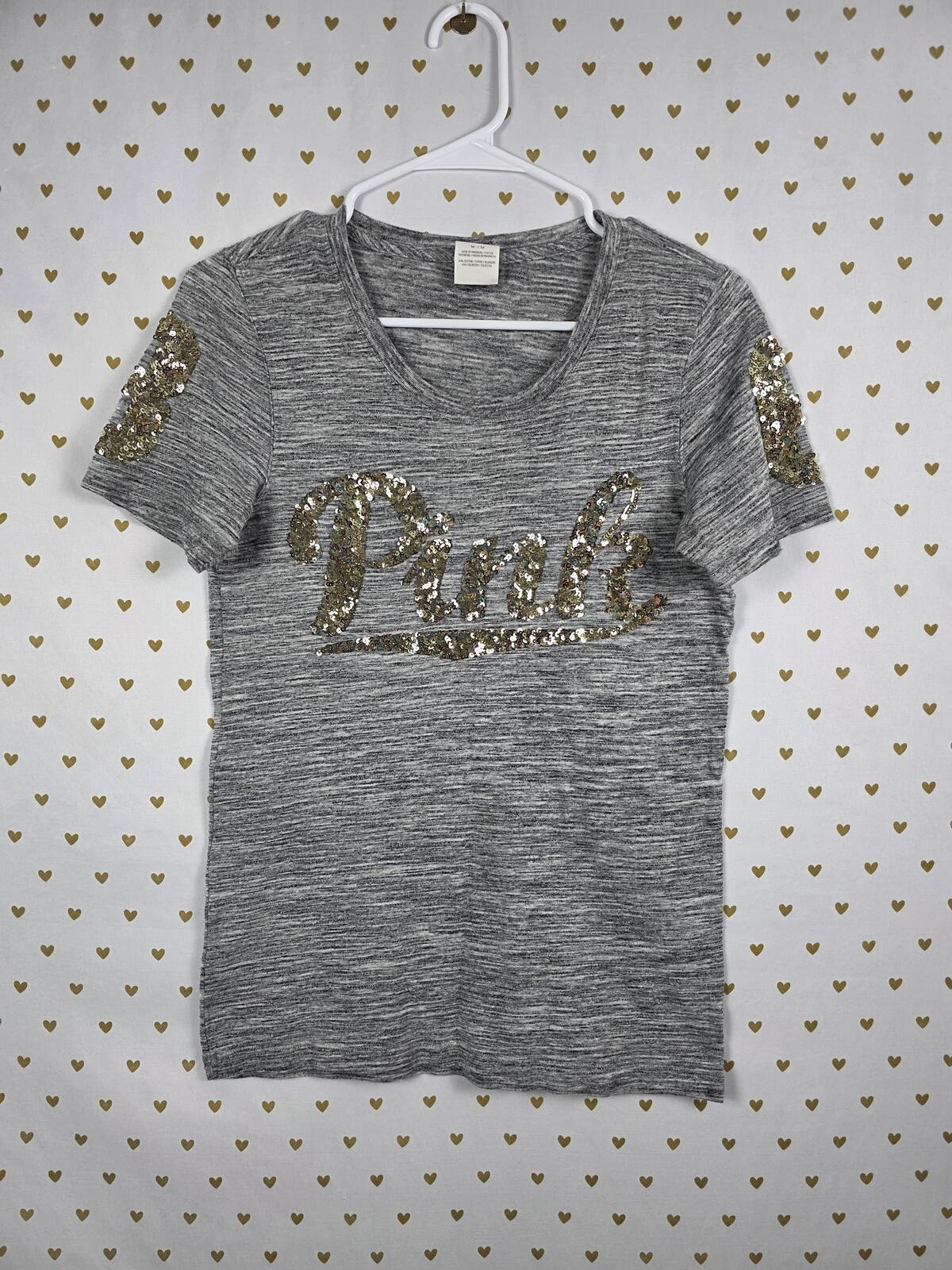 Victorias Secret PINK Grey BLING gold sequined tee shirt 86 Logo MEDIUM