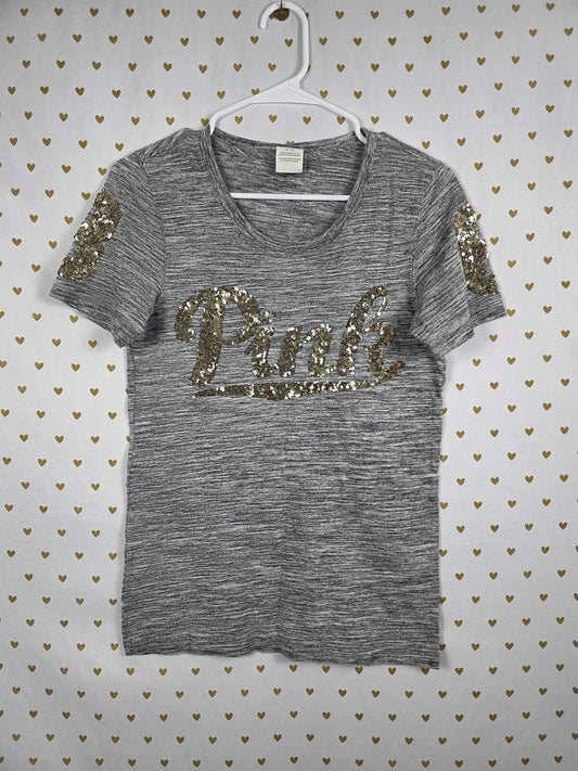 Victorias Secret PINK Grey BLING gold sequined tee shirt 86 Logo MEDIUM