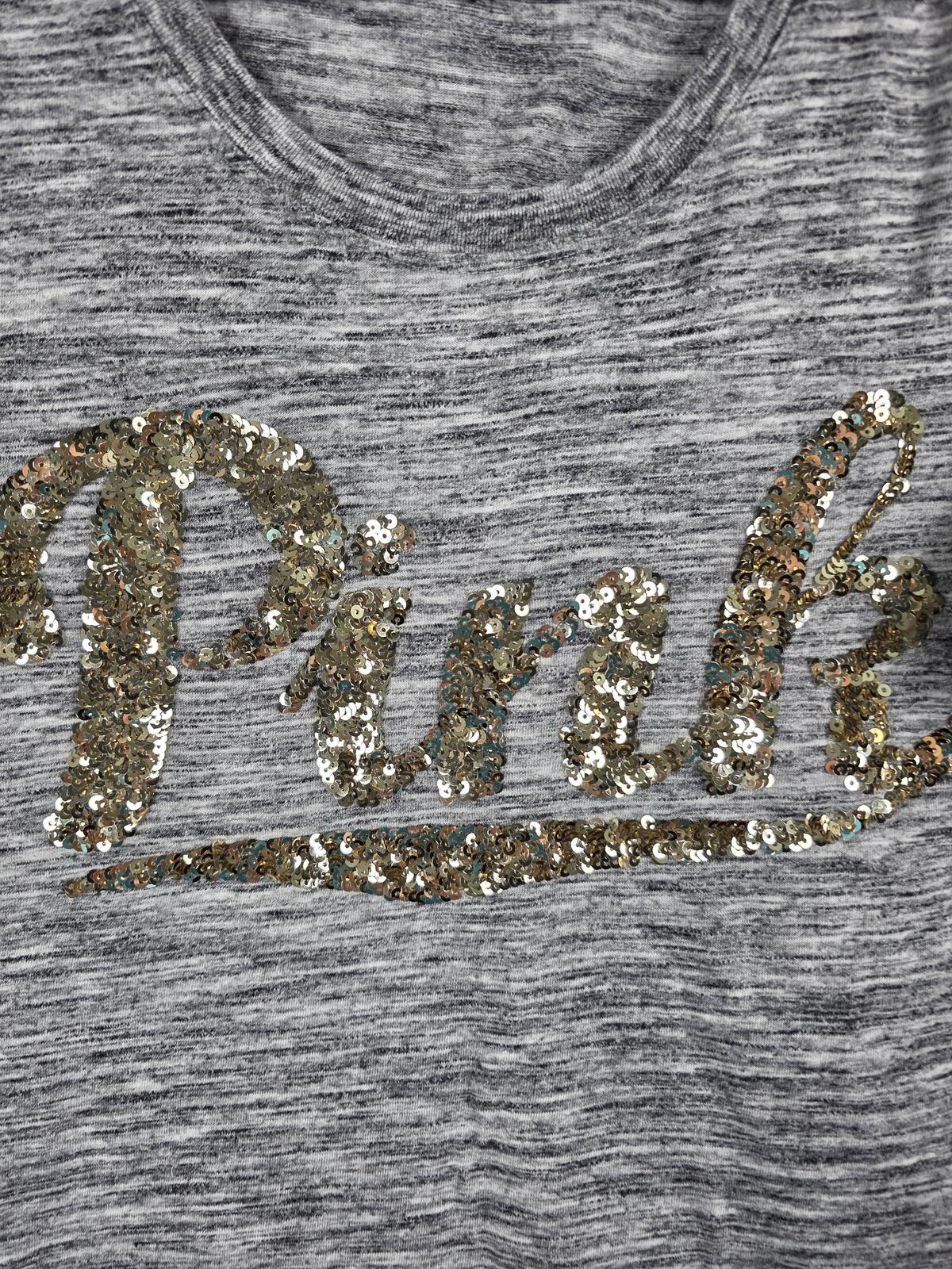 Victorias Secret PINK Grey BLING gold sequined tee shirt 86 Logo MEDIUM
