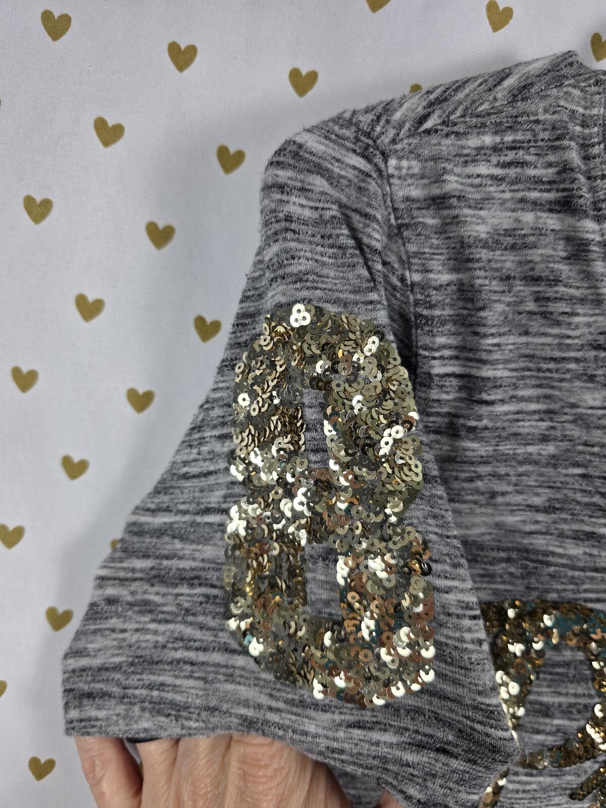 Victorias Secret PINK Grey BLING gold sequined tee shirt 86 Logo MEDIUM