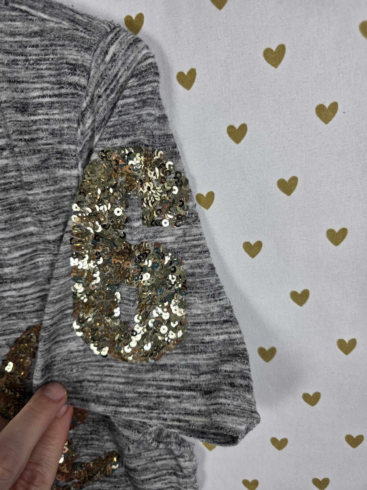 Victorias Secret PINK Grey BLING gold sequined tee shirt 86 Logo MEDIUM