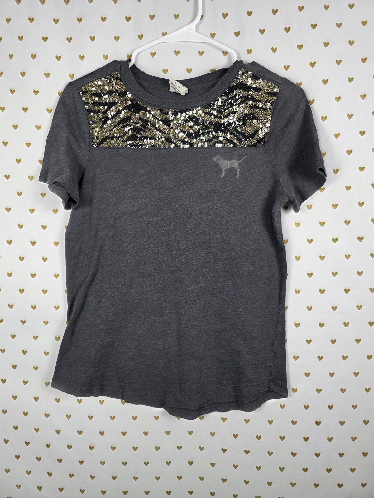 Victorias Secret PINK BLING Vintage Zebra Stripe Sequined Tee Shirt XS
