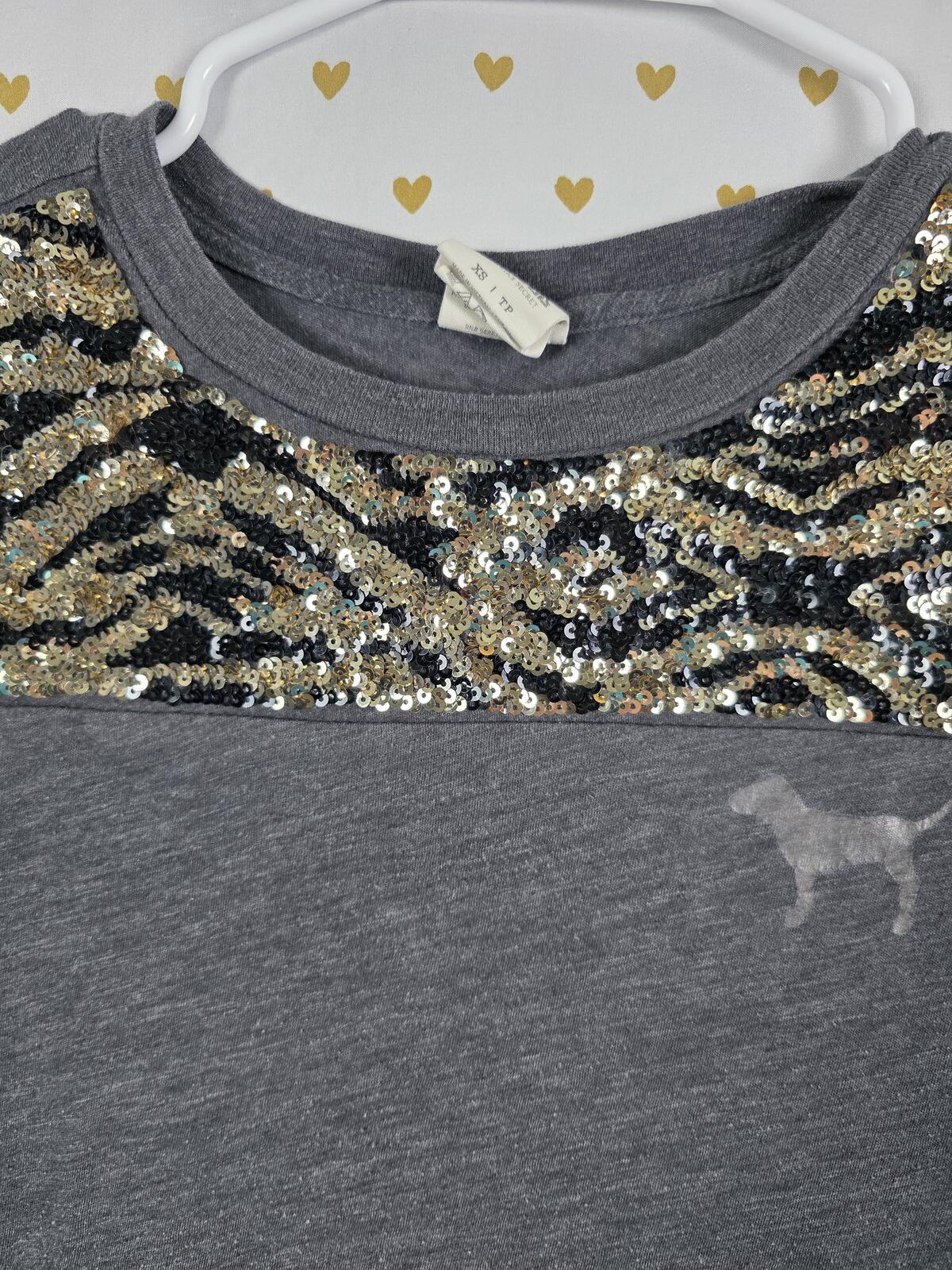 Victorias Secret PINK BLING Vintage Zebra Stripe Sequined Tee Shirt XS