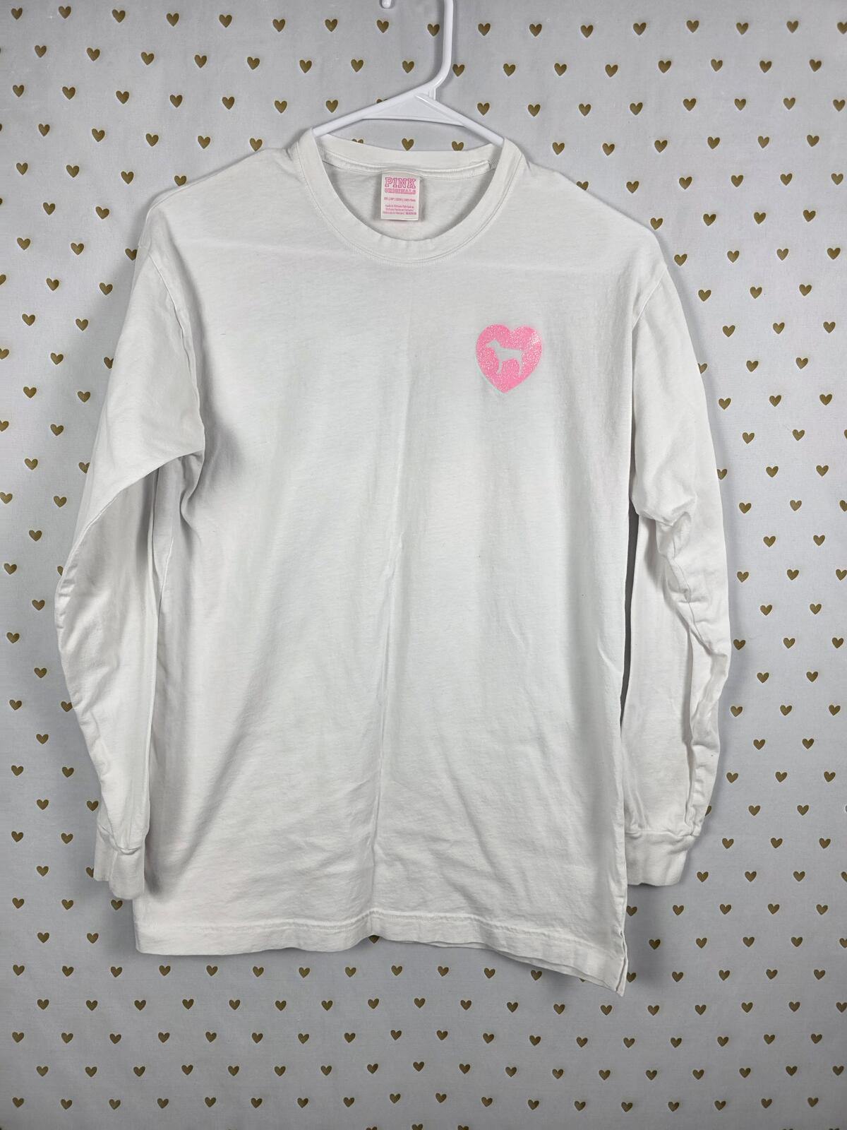 Victorias Secret PINK GLITTER LOVE CAMPUS ORIGINALS Heart Long Sleeve Tee XS