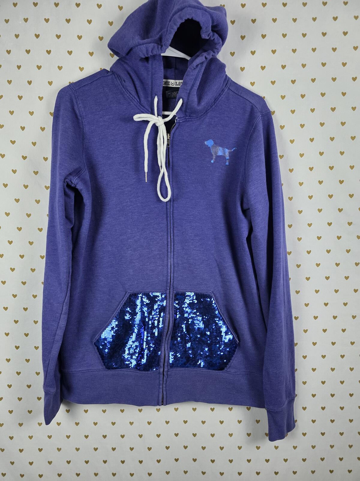 Victorias Secret Pink BLING Blue Sequin Pocket Full Zip Hoodie Vintage medium