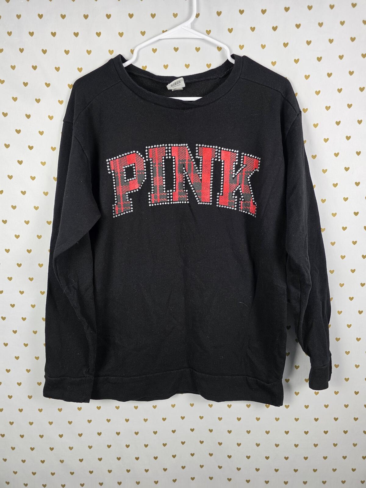 Victorias Secret Pink Plaid BLING Studded Campus Sweater Crew Shirt SMALL