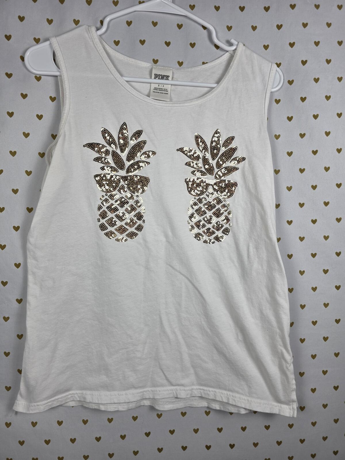 Victorias Secret PINK GOLD BLING PINEAPPLES Tee SHirt Tank Top SMALL