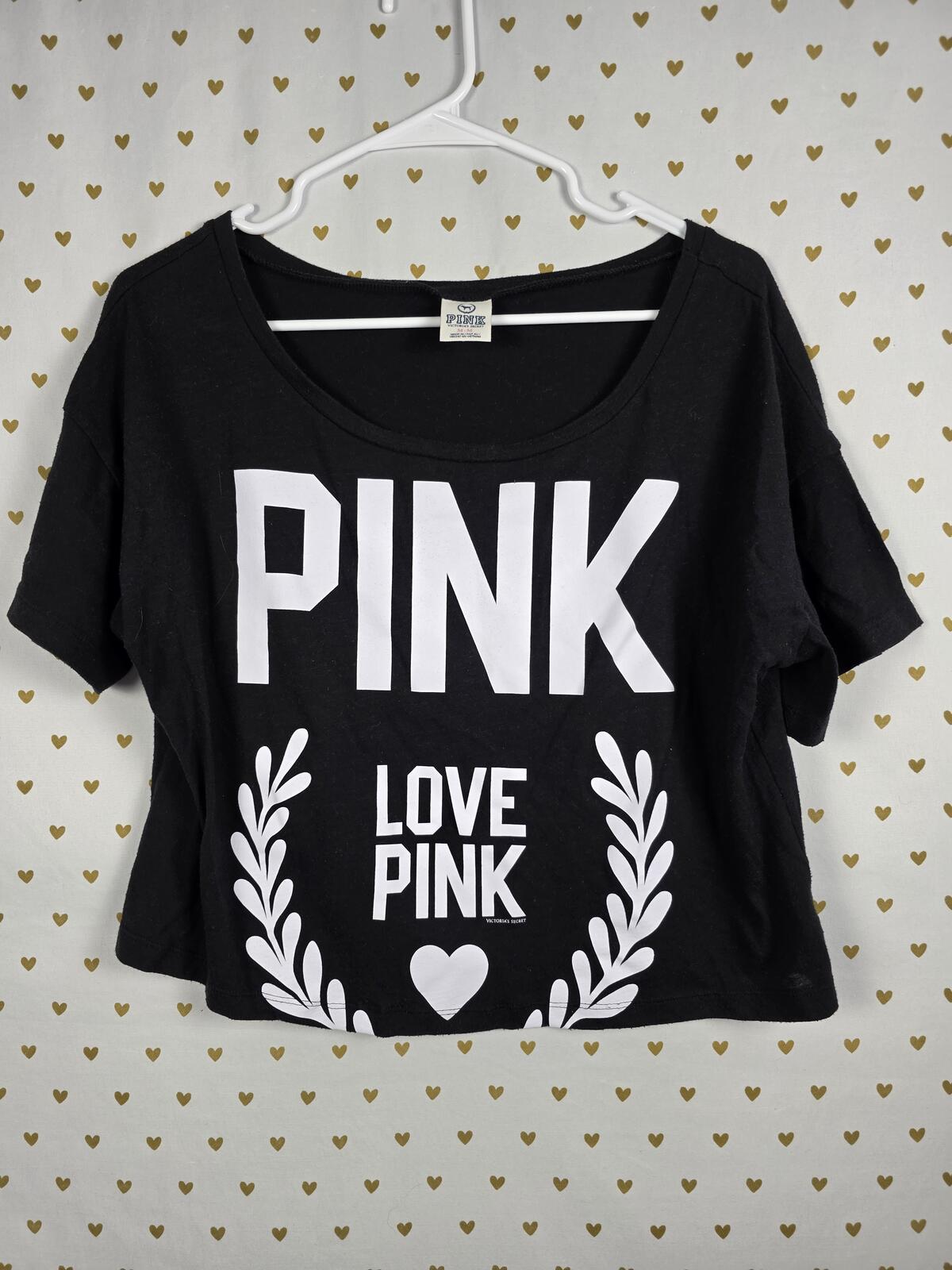 Victorias Secret PINK Cropped Vintage Boxy Logo LOVE Tee shirt Black MEDIUM