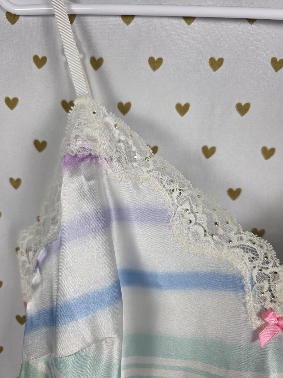 Victorias Secret Satin Slip Dress Rainbow BLING  Stripe Pajama Sleep Nightie L