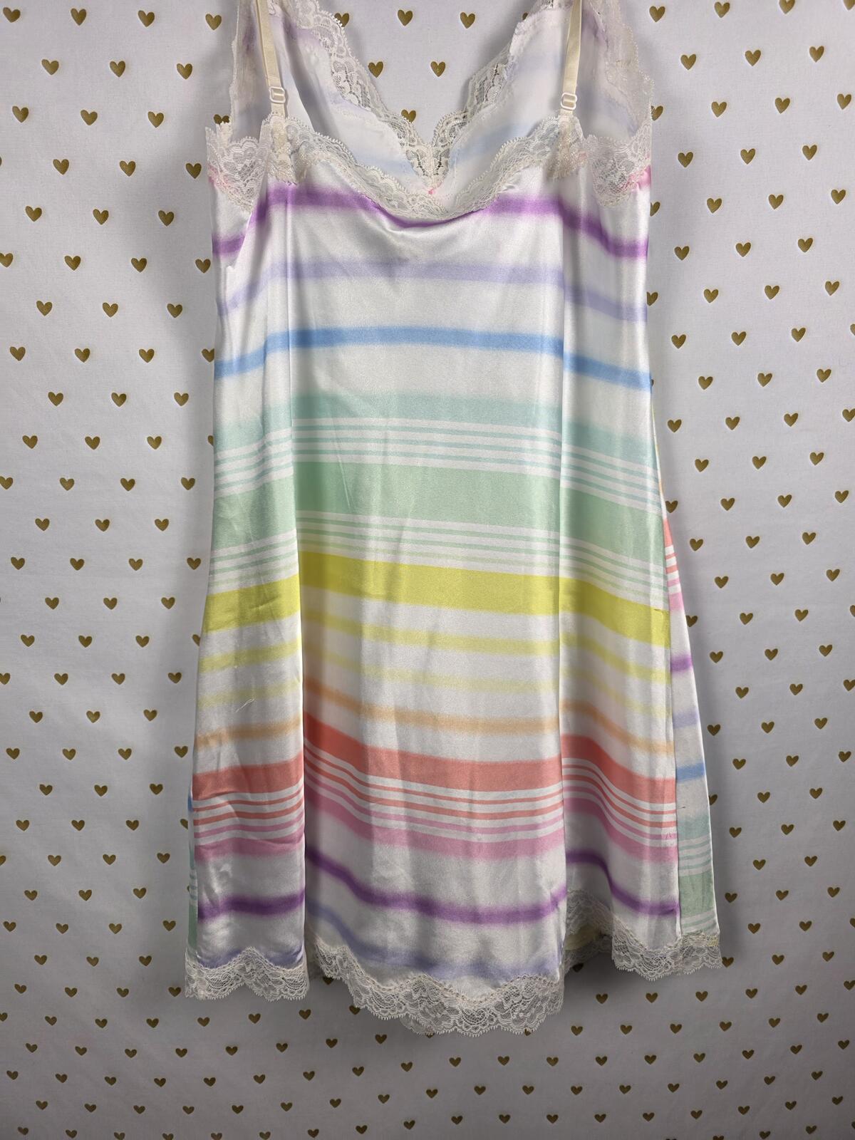 Victorias Secret Satin Slip Dress Rainbow BLING  Stripe Pajama Sleep Nightie L