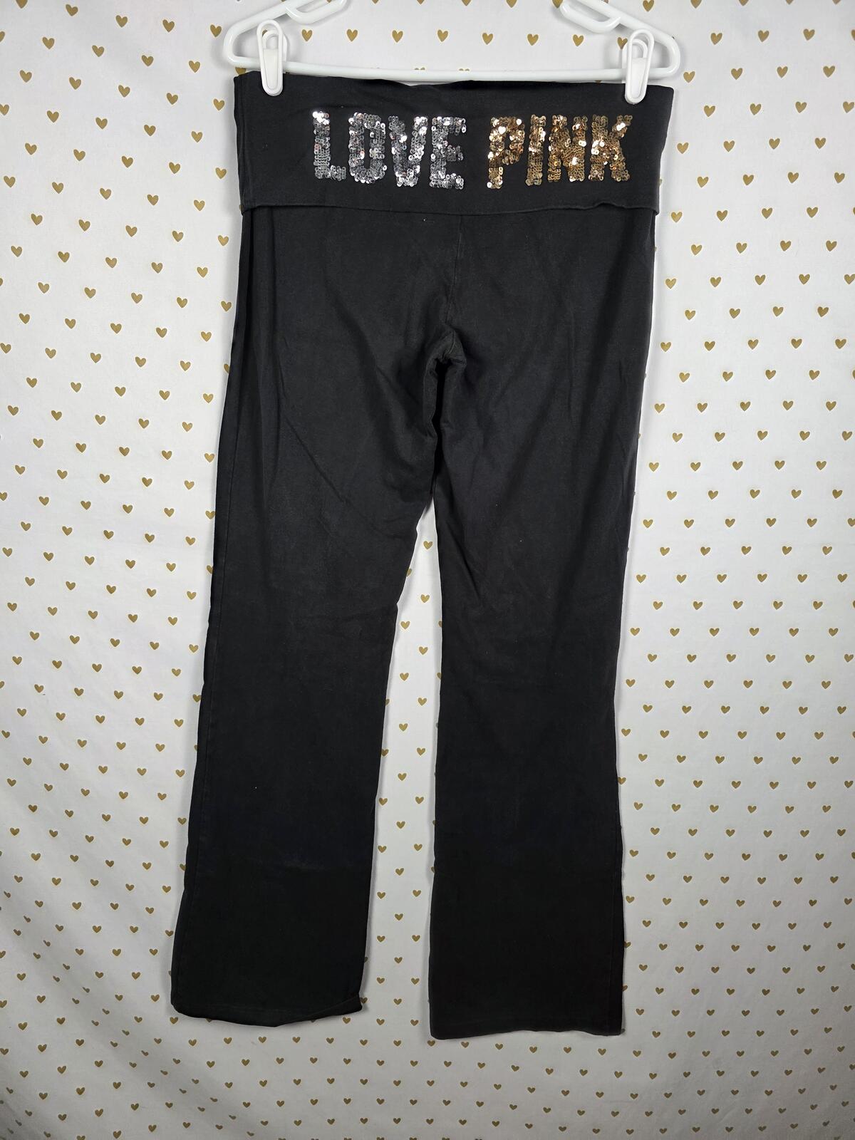 Victorias Secret PINK LOVE Bling Foldover Vintage Yoga Pants Flared LARGE Y2K