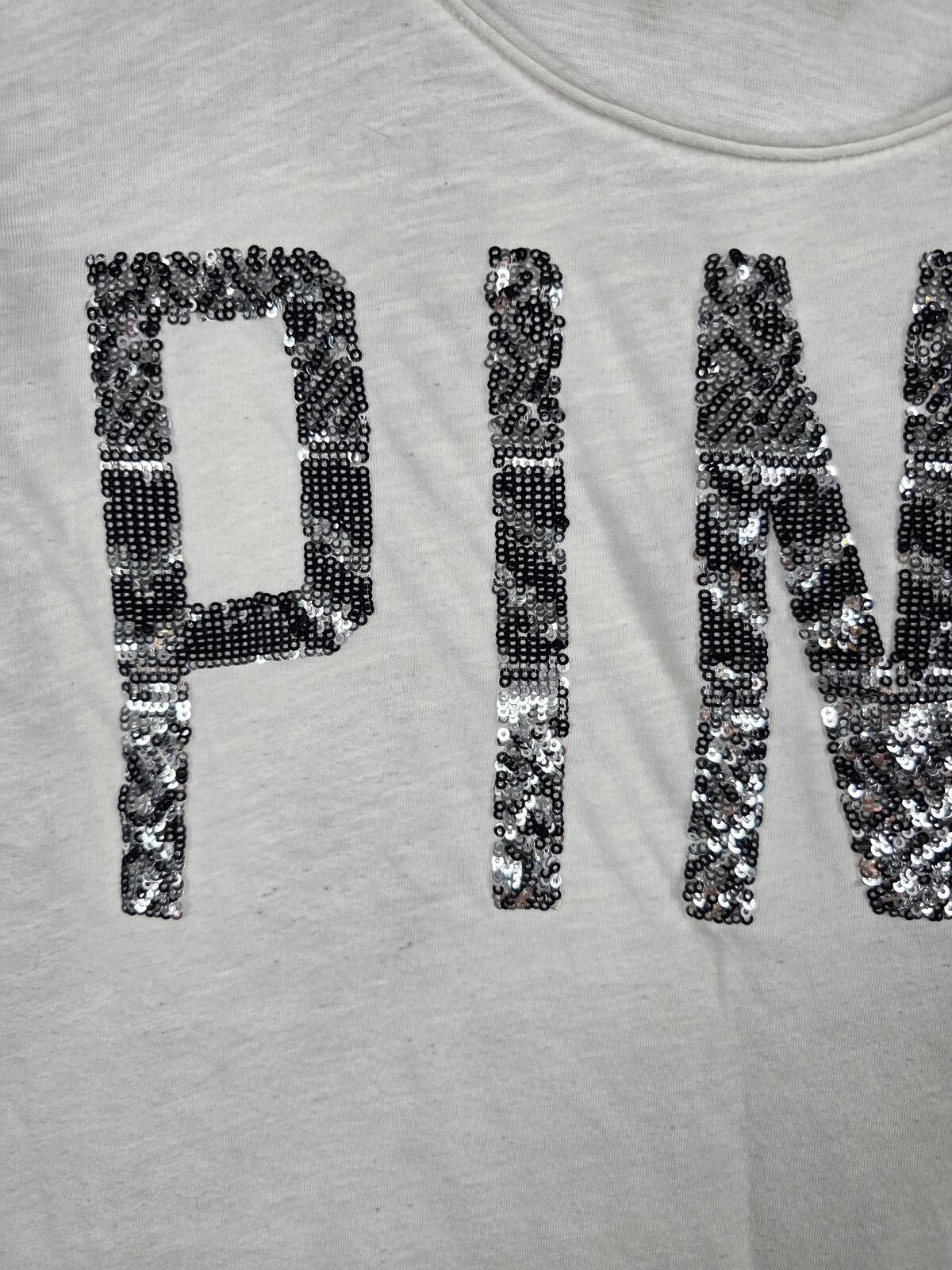 Victorias Secret PINK BLING Sequined Logo White Scoop Neck Short Sleeve Tee M