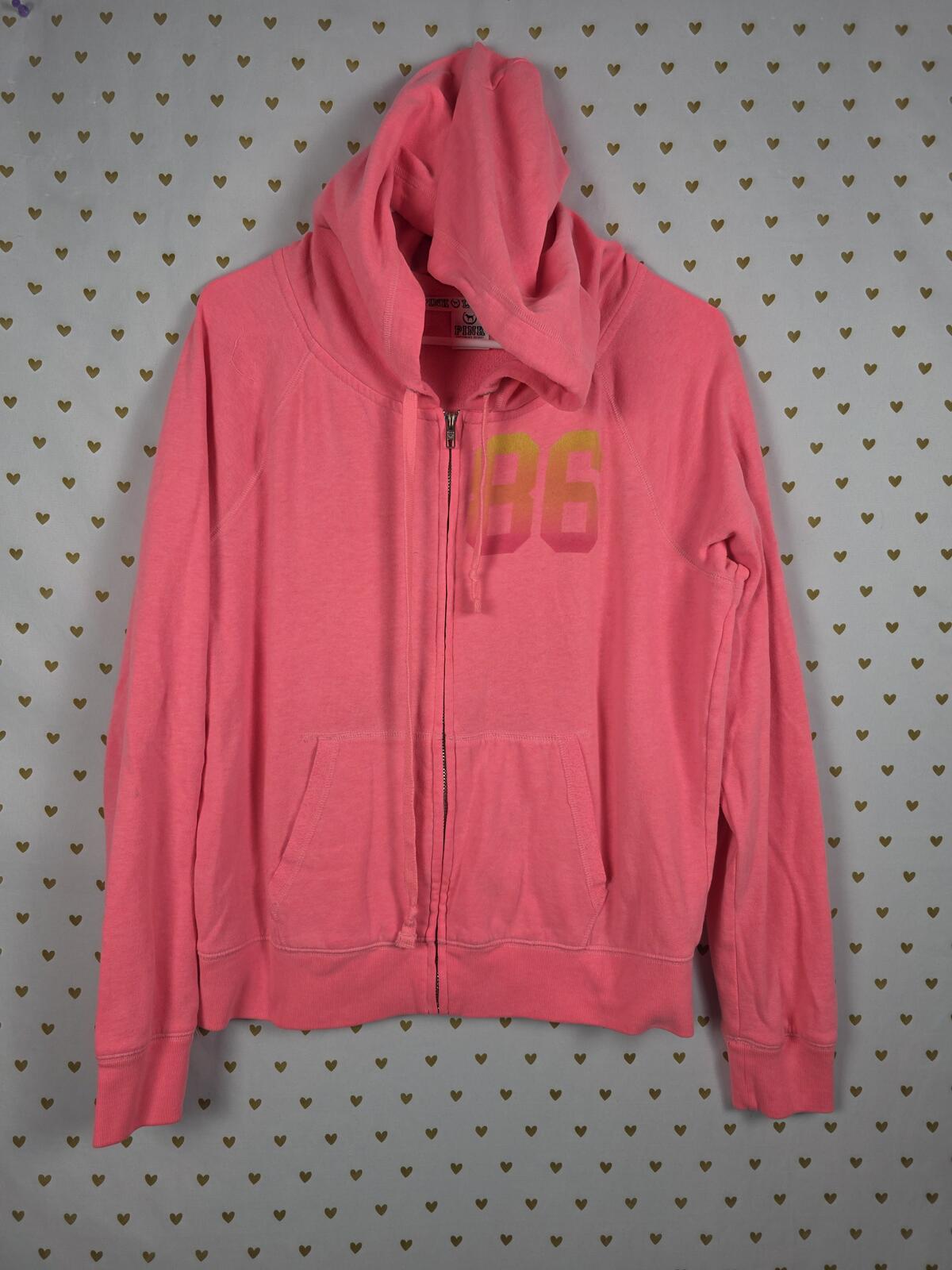Victorias Secret Pink Full zip LOVE Hoodie Jacket Orange Neon LARGE