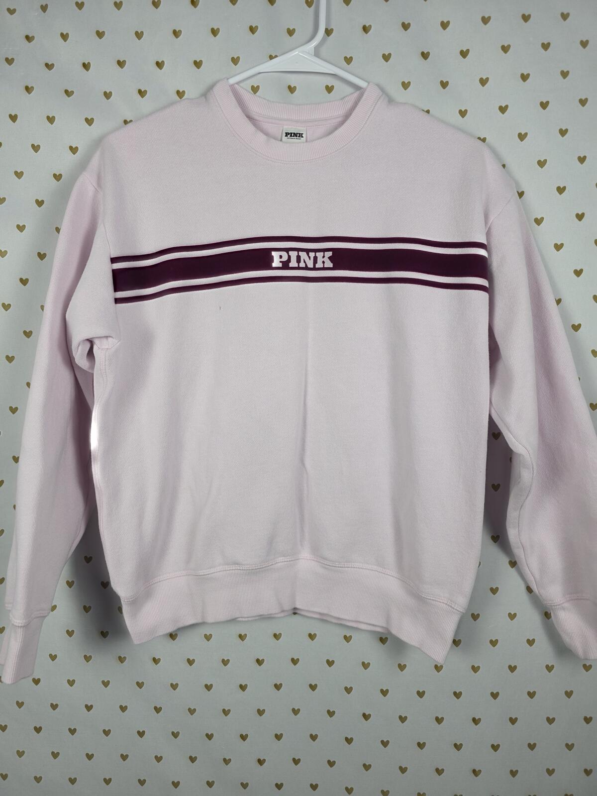 Victorias Secret Pink Logo Stripe crew sweater shirt SMALL oversized