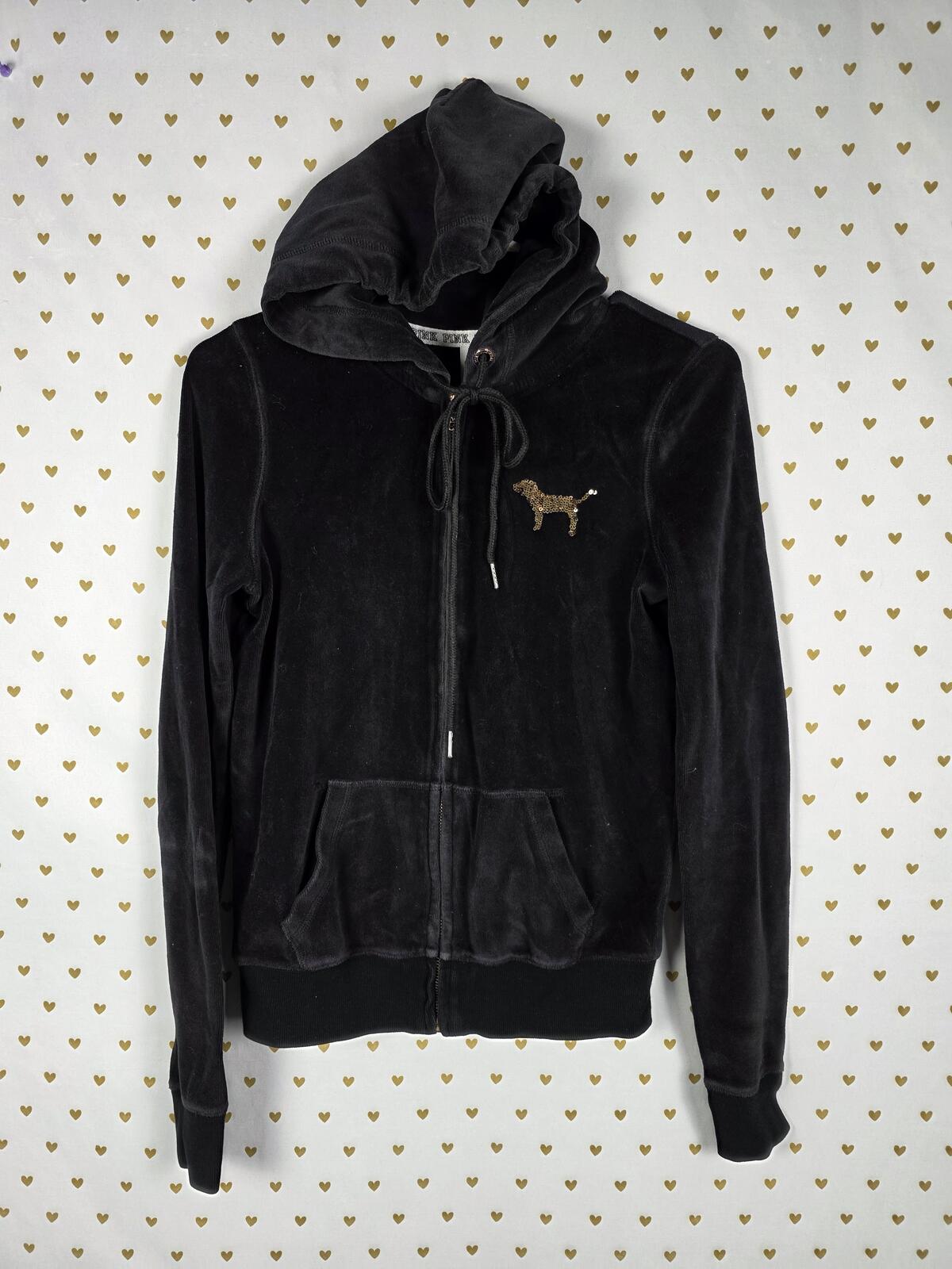 Victorias Secret Pink Vintage VELOUR y2k Gold Bling Hoodie Jacket Black XS