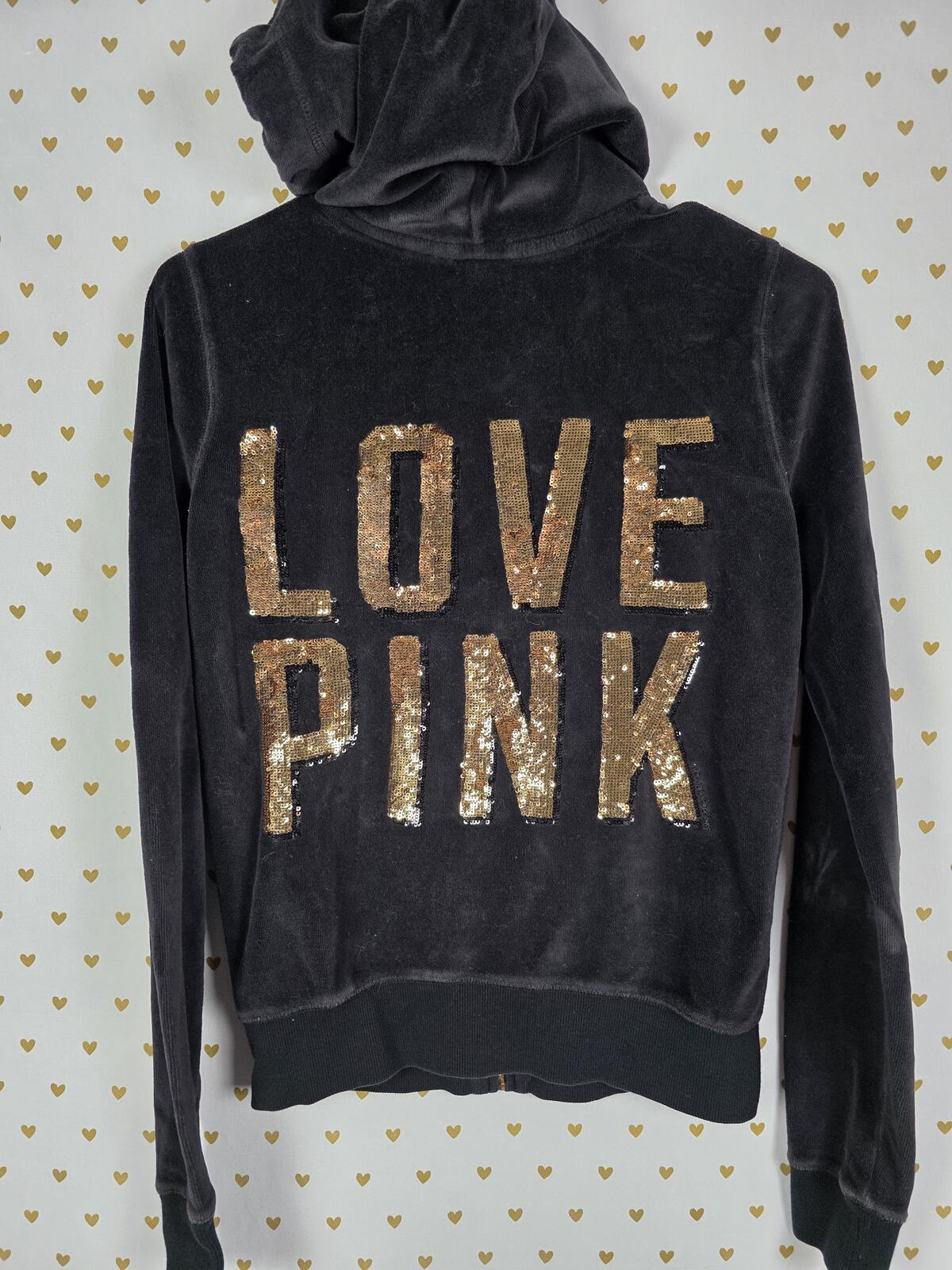 Victorias Secret Pink Vintage VELOUR y2k Gold Bling Hoodie Jacket Black XS