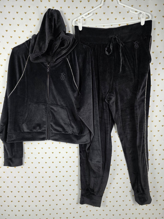 Victorias Secret ON POINT Velour Bling Rhinestone SET Outfit Hoodie Sweats L XL