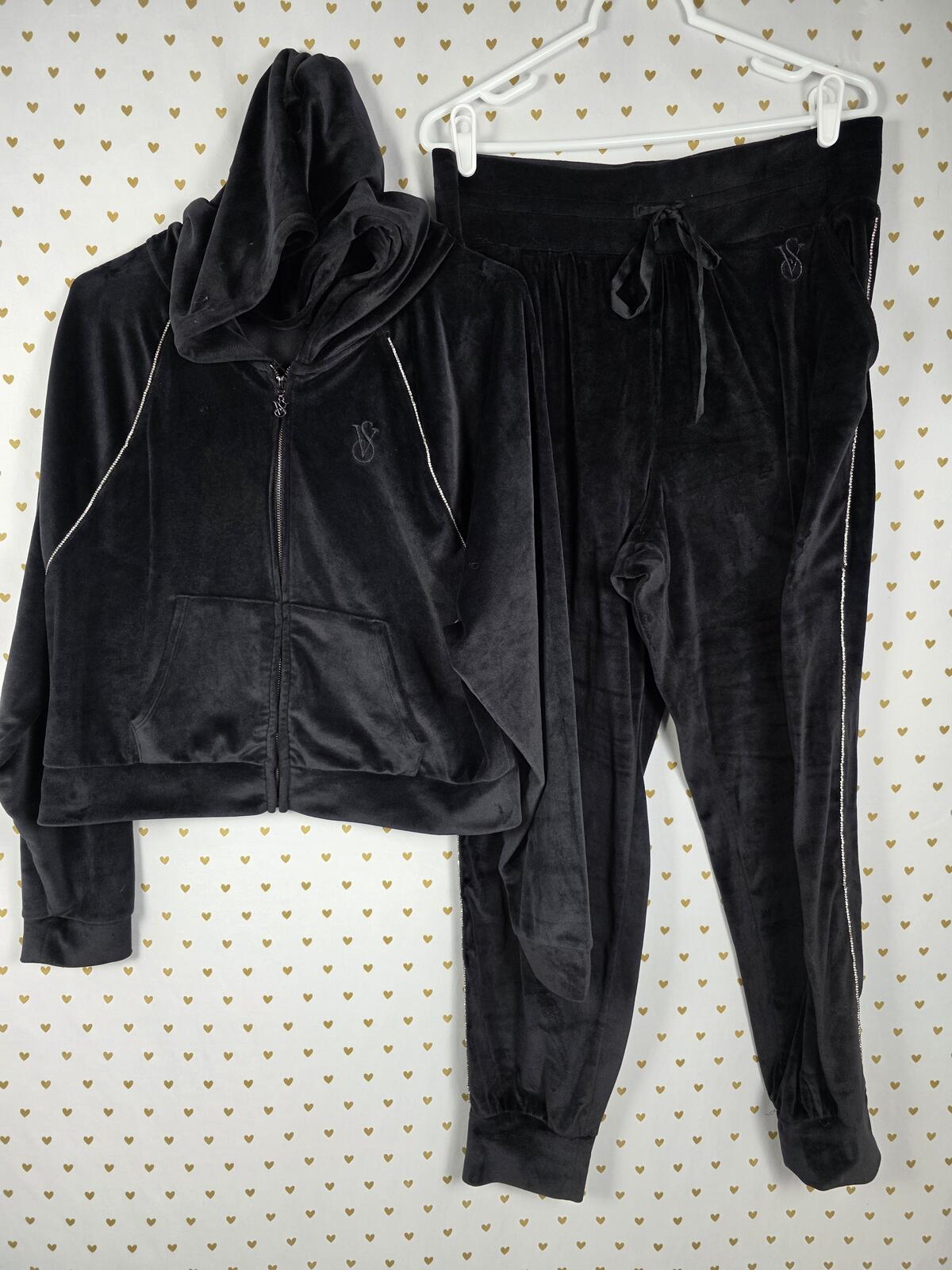 Victorias Secret ON POINT Velour Bling Rhinestone SET Outfit Hoodie Sweats L XL
