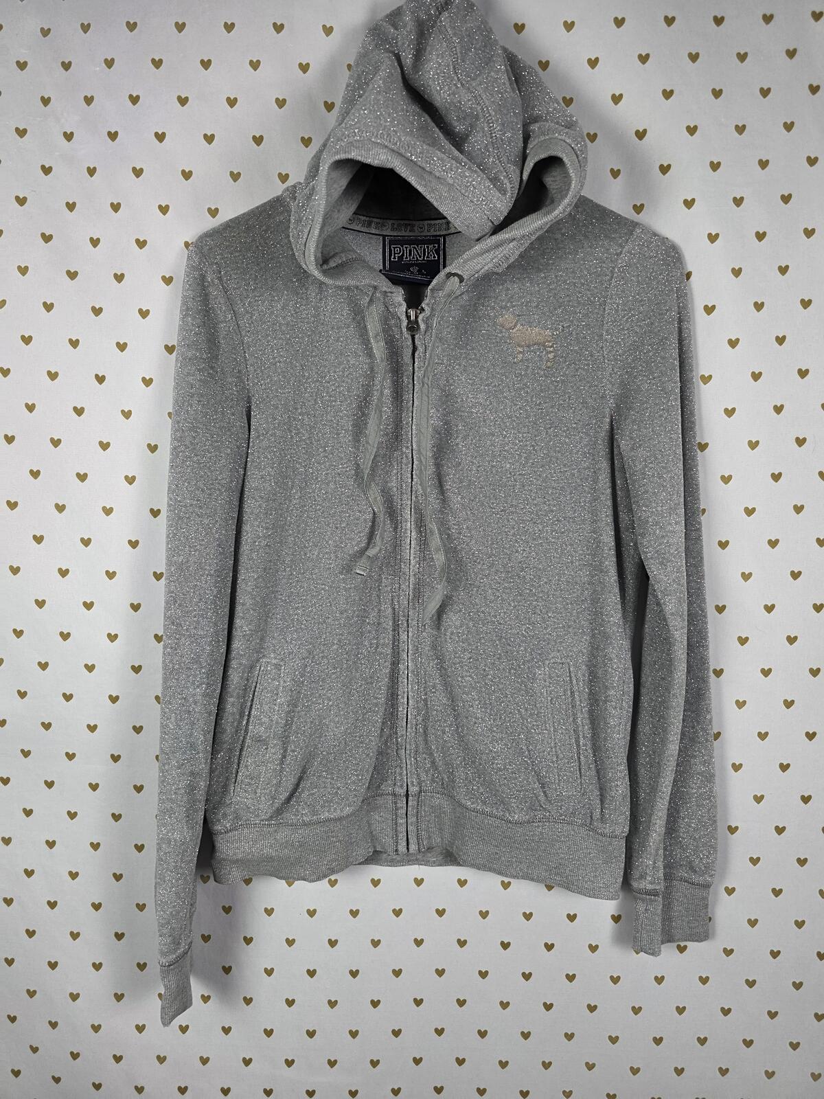 Victorias Secret Pink BLING GLITTER Heart Arrow Full Zip Hoodie Jacket MEDIUM
