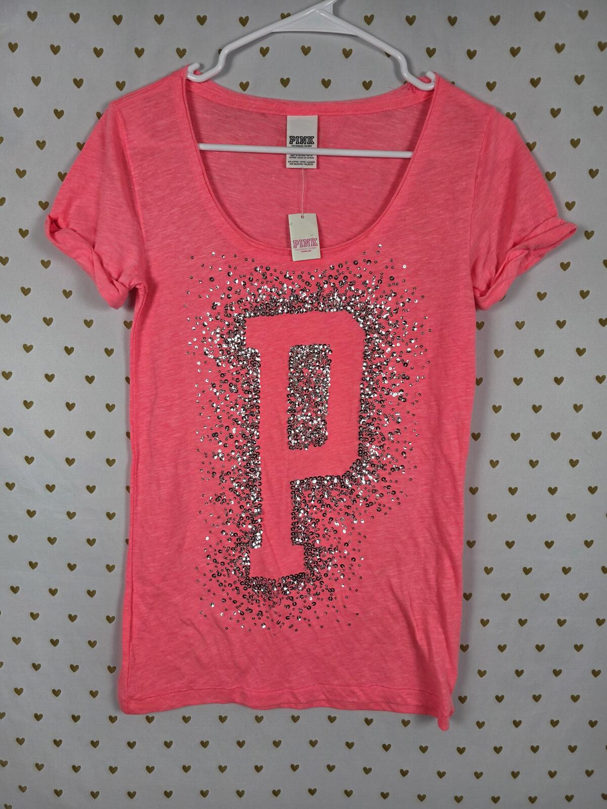 Victorias Secret PINK NEW NWT Bling Logo Tee Shirt NEON SMALL Sequined Shine