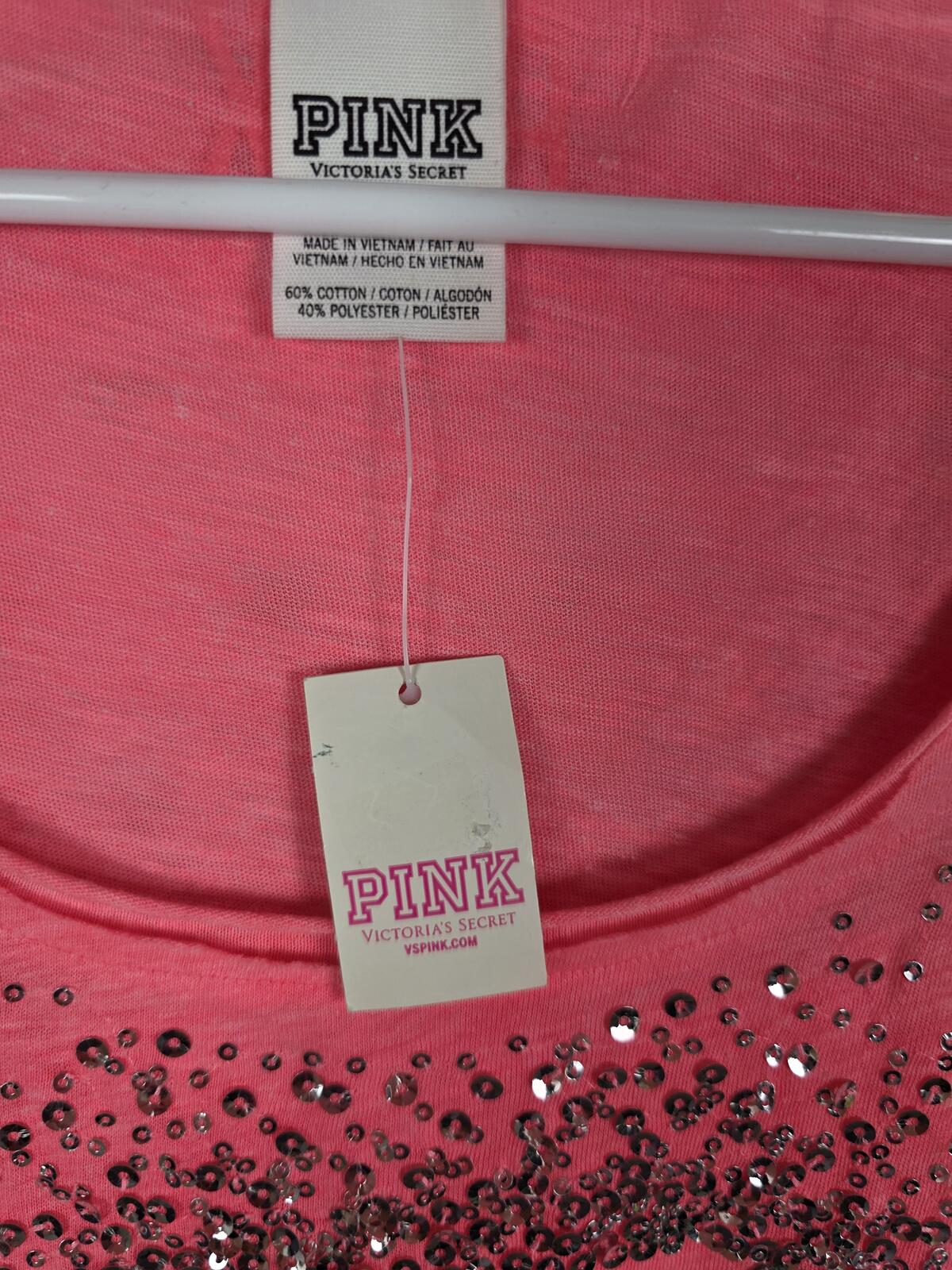 Victorias Secret PINK NEW NWT Bling Logo Tee Shirt NEON SMALL Sequined Shine