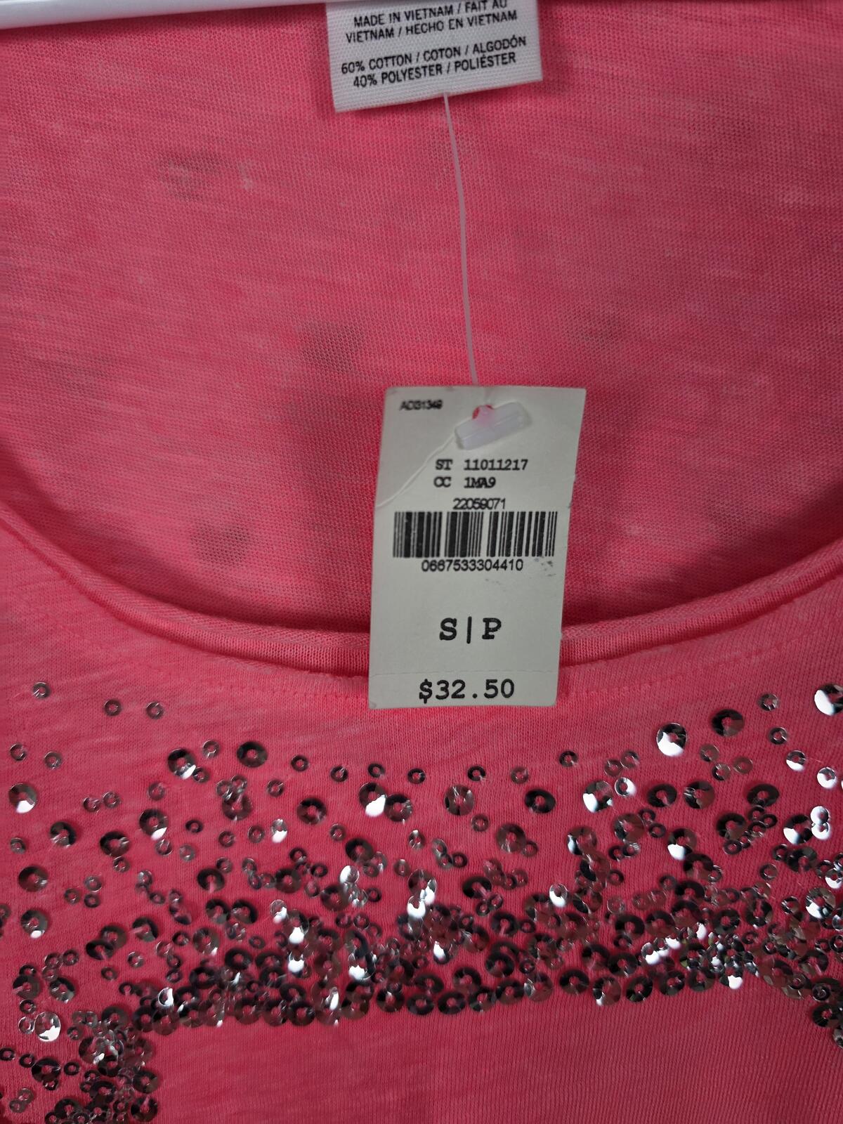 Victorias Secret PINK NEW NWT Bling Logo Tee Shirt NEON SMALL Sequined Shine