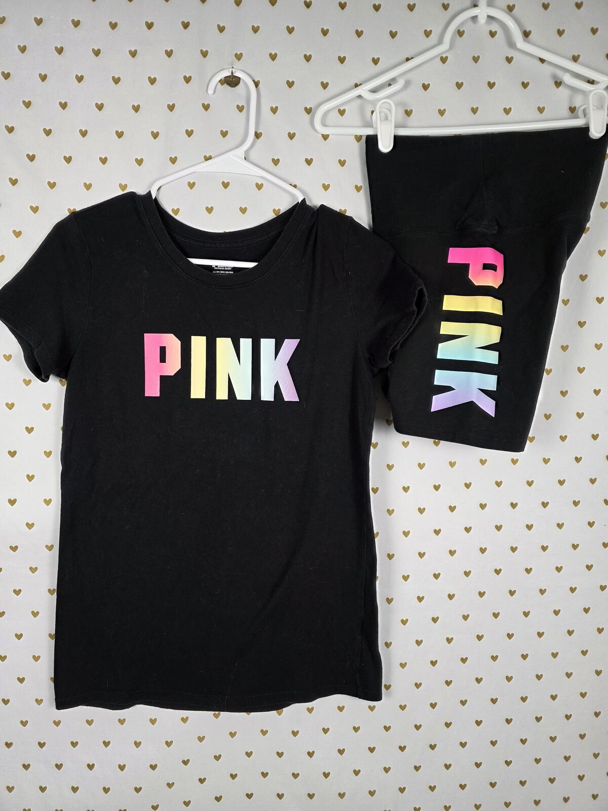 Victorias Secret PINK Tee Shirt Bike Shorts SET 2pc Outfit Rainbow Logo XS