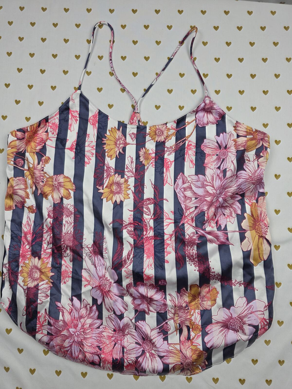 Victorias Secret Striped Floral Strappy Satin Babydoll Tank Top SMALL
