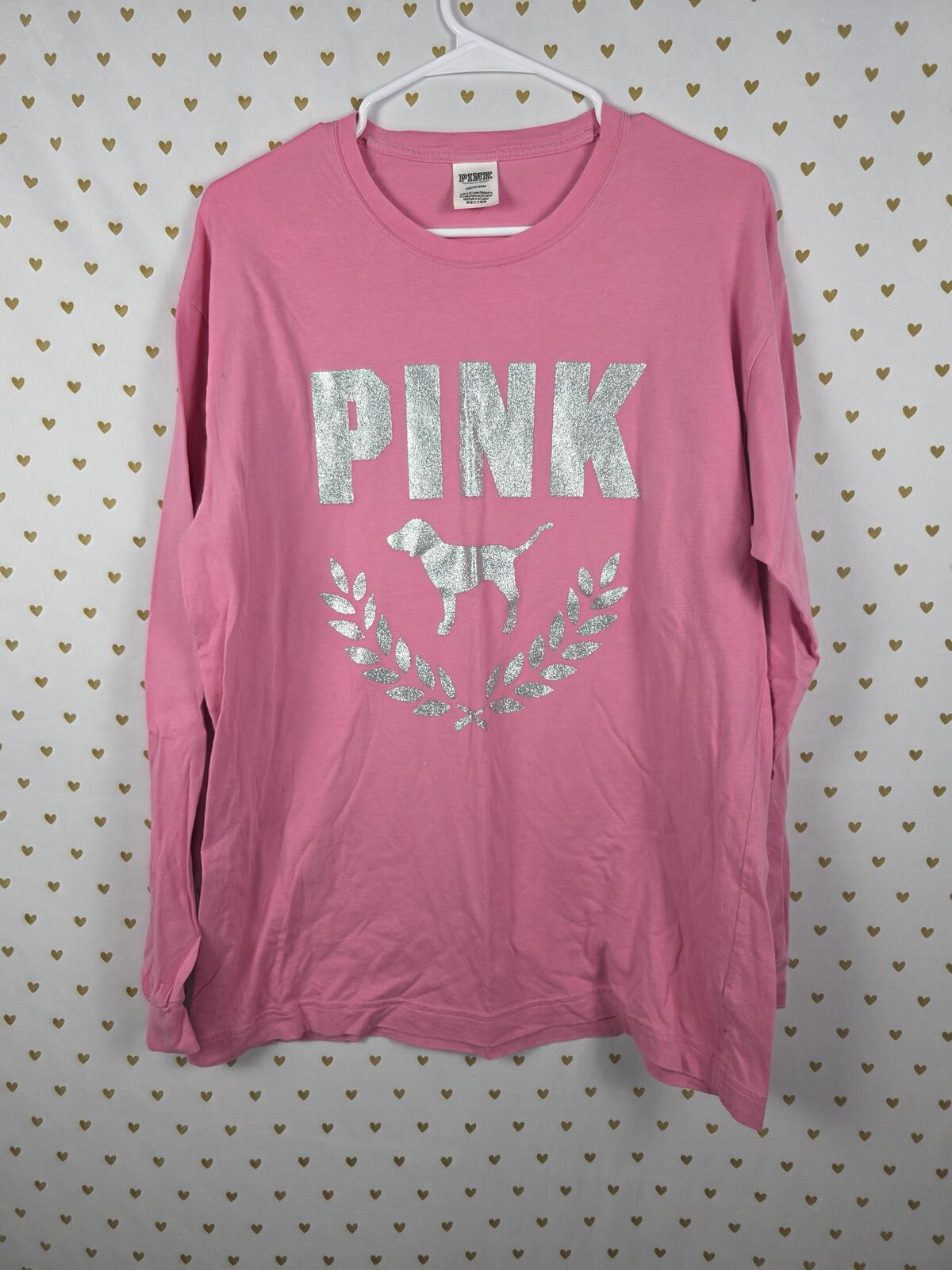 Victorias Secret PINK BLING Shine Glitter crest Logo long sleeve Tee shirt L