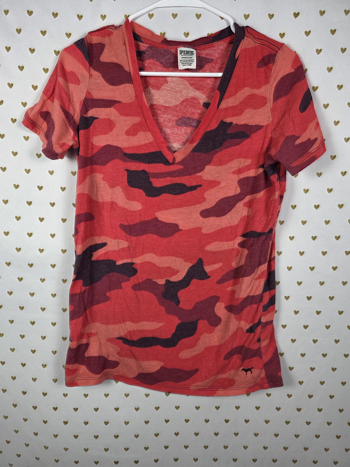 Victorias Secret PINK Red camo Camouflage V neck tee shirt SMALL