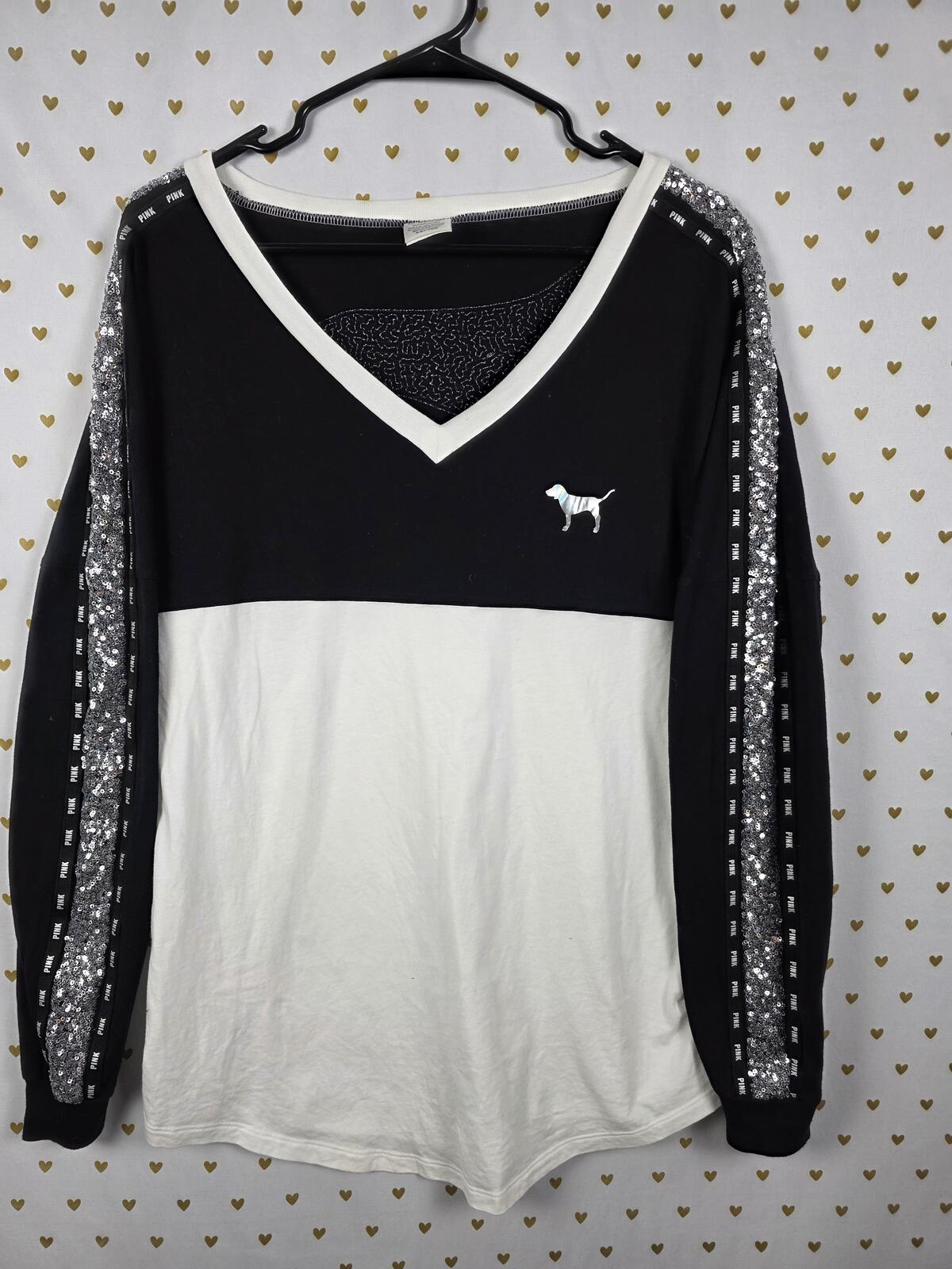 Victorias Secret PINK MERMAID BLING Dog Logo Long Sleeve SEQUINED Tee Shirt SM