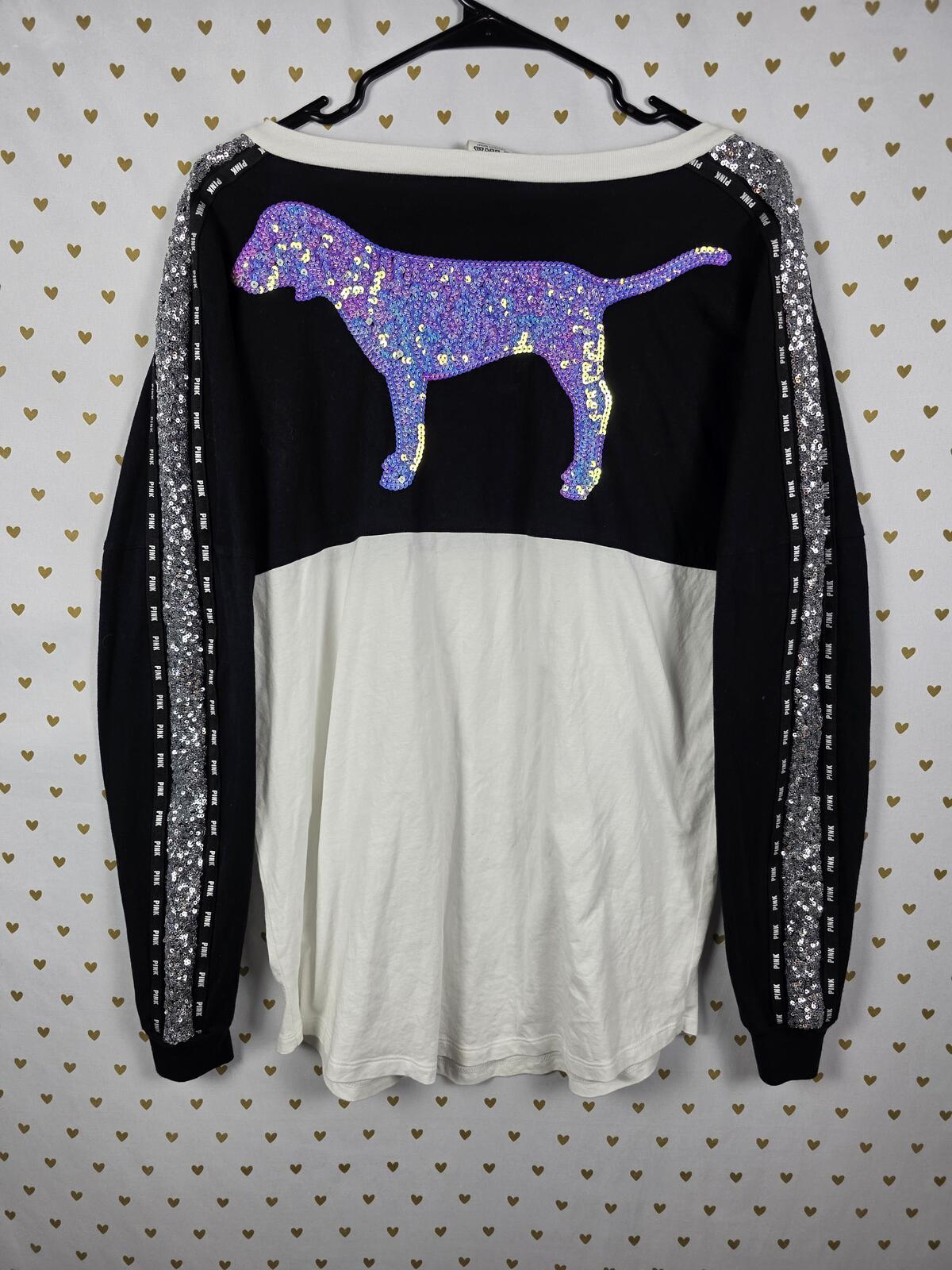 Victorias Secret PINK MERMAID BLING Dog Logo Long Sleeve SEQUINED Tee Shirt SM