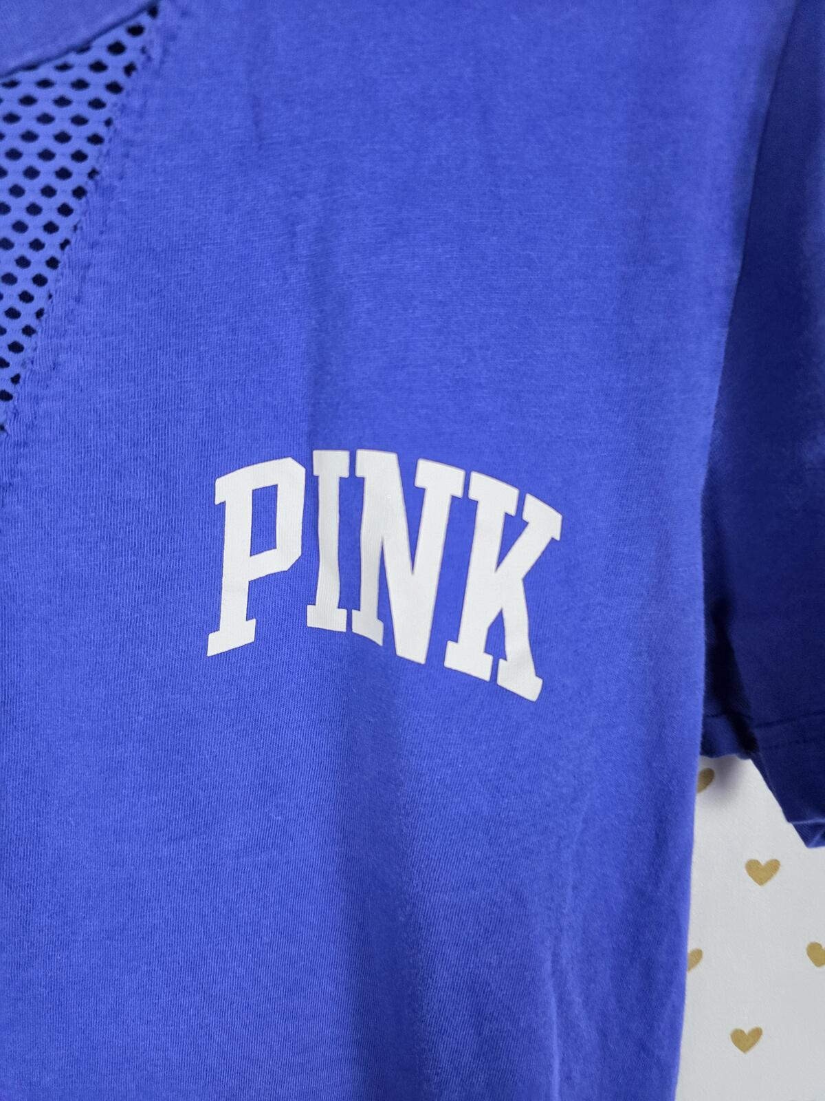 Victorias Secret PINK V Neck Mesh Neck Logo Blue Tee shirt SMALL