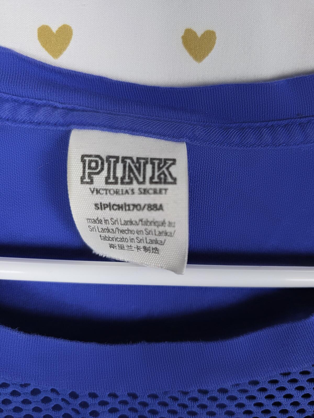 Victorias Secret PINK V Neck Mesh Neck Logo Blue Tee shirt SMALL