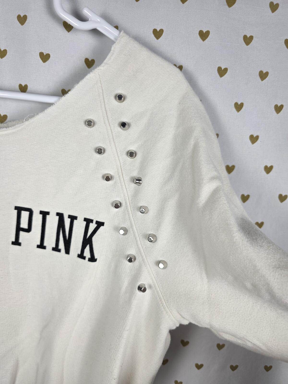 Victorias Secret Pink Studded Slouchy Logo Off shoulder white sweater shirt XS