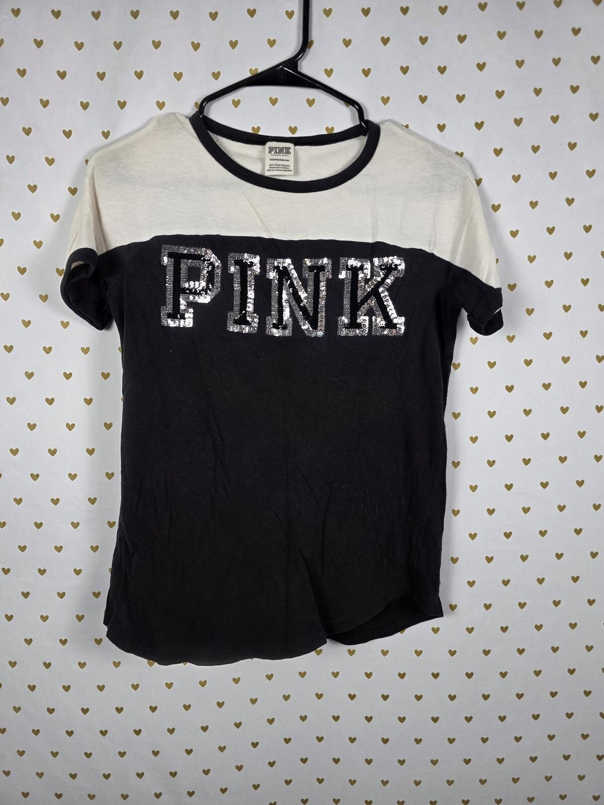 Victorias Secret PINK Colorblock Bling Short sleeve Sequined Logo Tee shirt XS