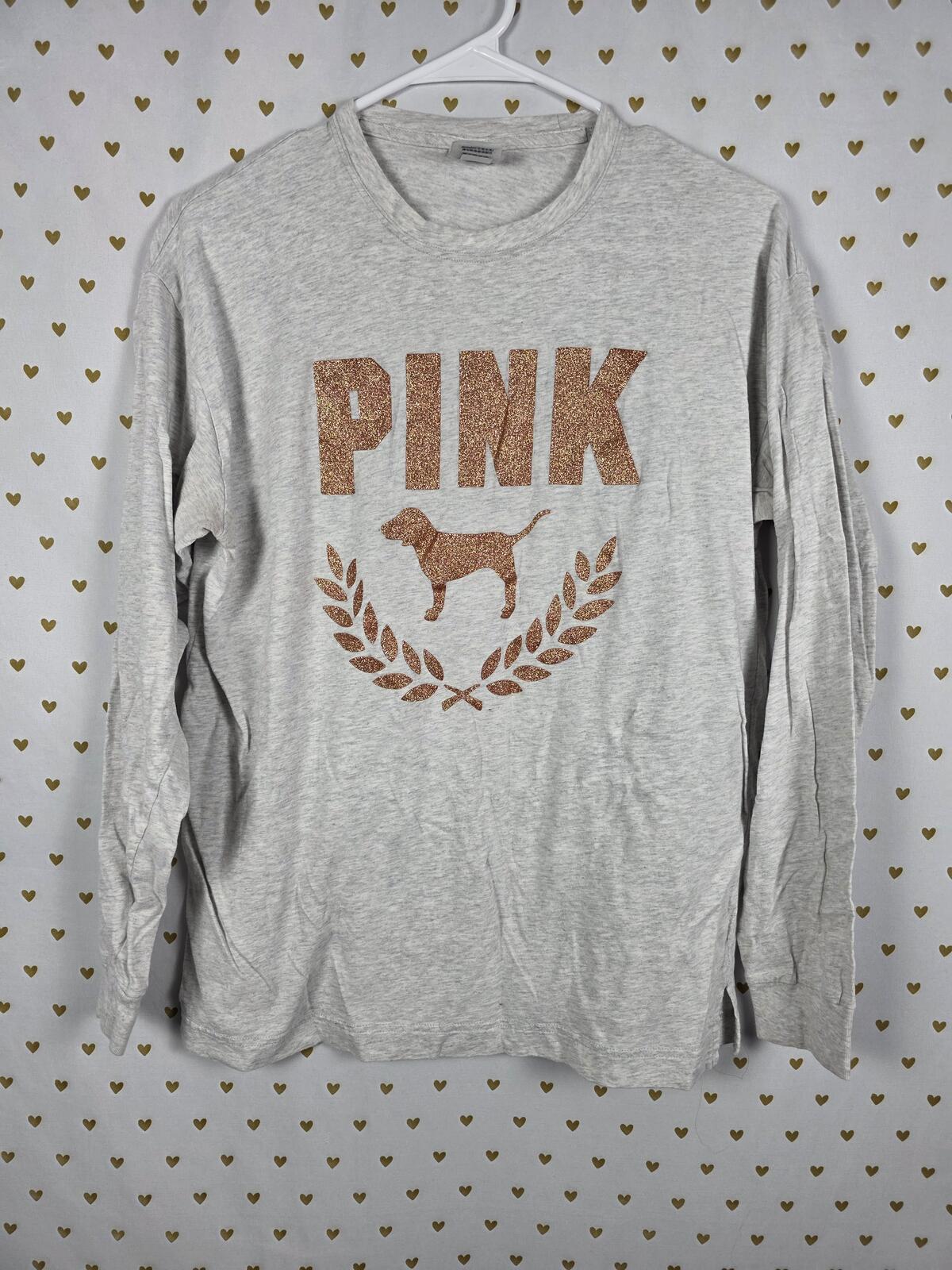 Victorias Secret PINK Long sleeve campus GOLD BLING Glittered crest Logo Tee SM