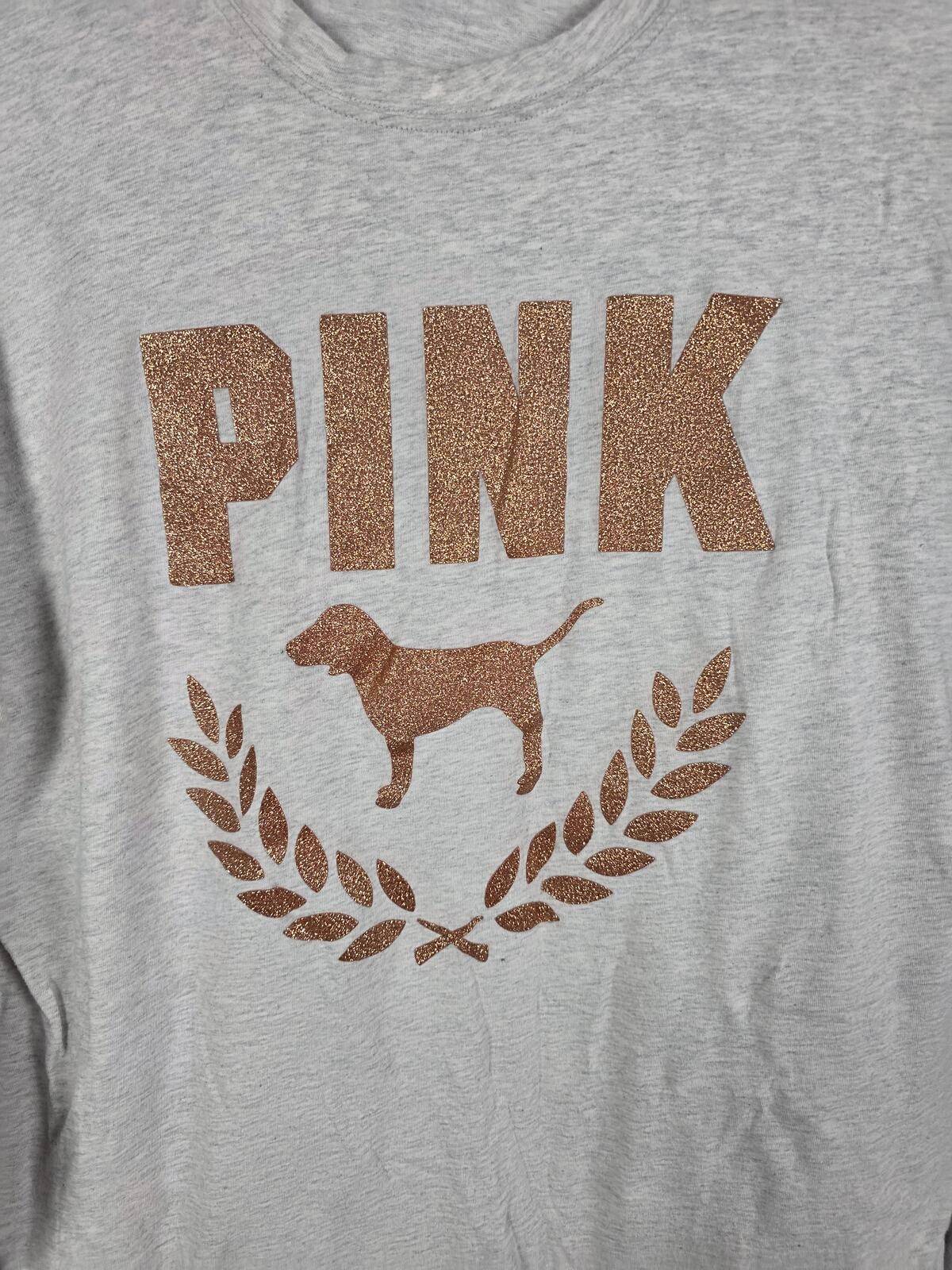 Victorias Secret PINK Long sleeve campus GOLD BLING Glittered crest Logo Tee SM