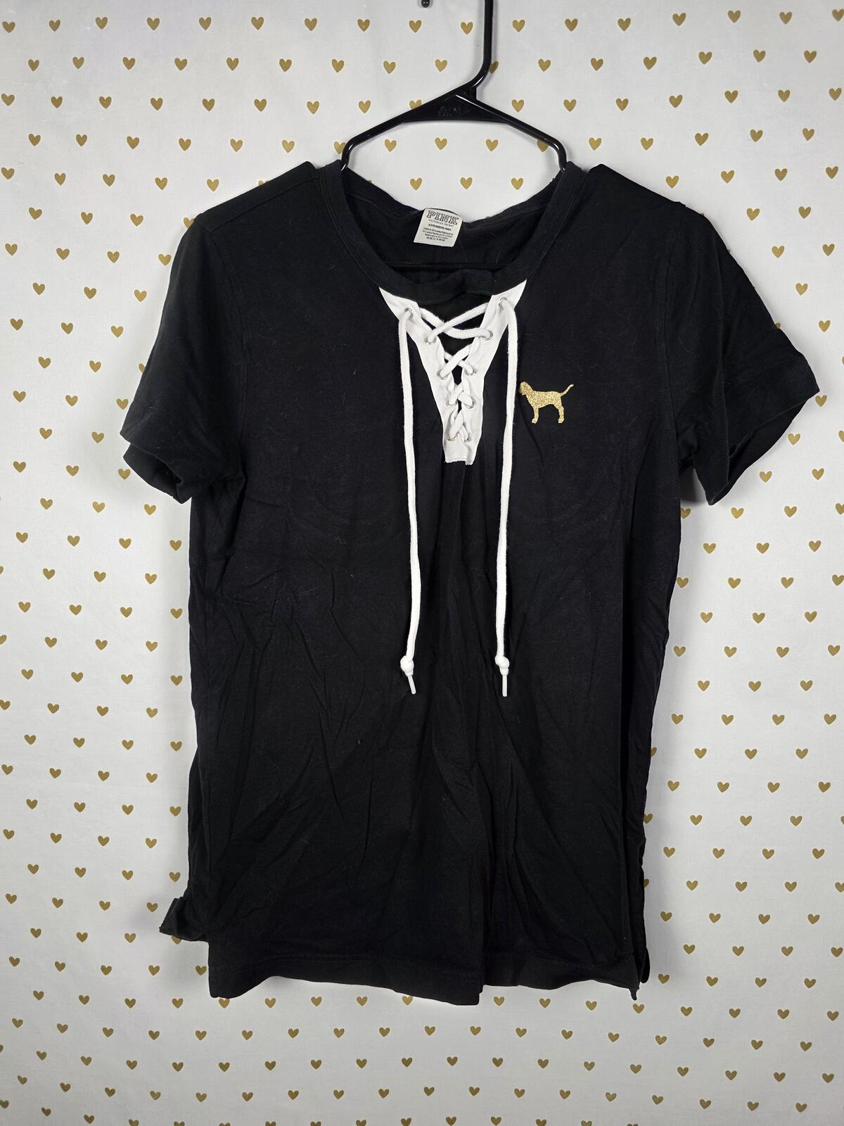 Victorias Secret PINK Lace front Gold Glitter Tee shirt Logo SMALL