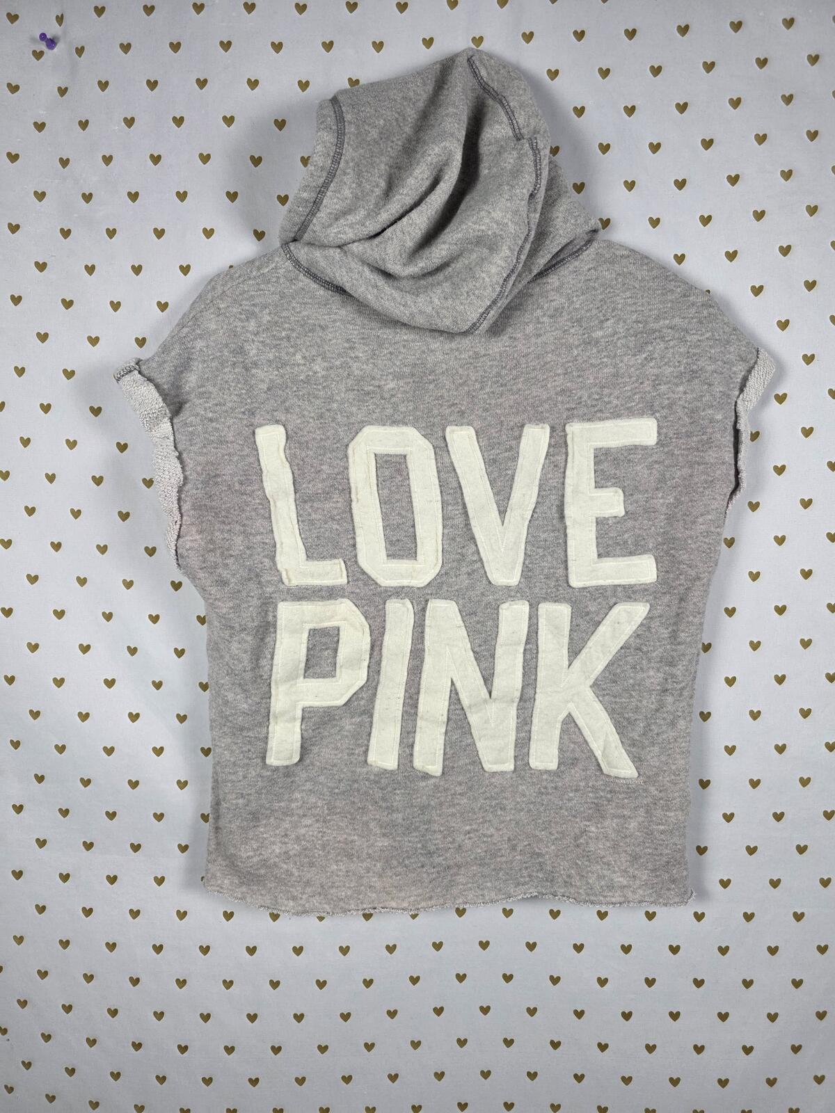 Victorias Secret Pink Vintage Sleeveless Sweater Hooded Embroidered Logo Shirt S