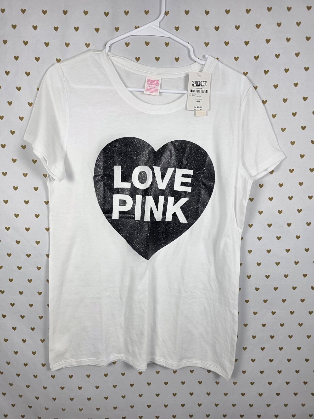 Victorias Secret PINK LOVE Campus Originals NEW NWT Glitter heart Tee shirt M